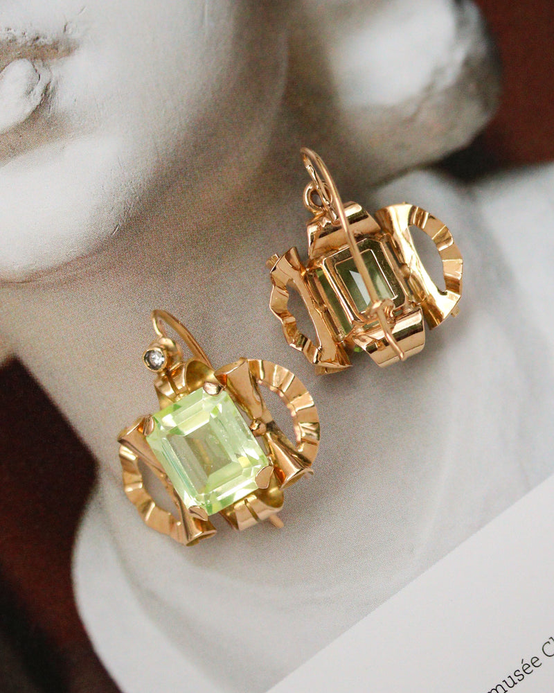 Paire de boucles d'Oreilles 1940 Or Rose et Fluorite