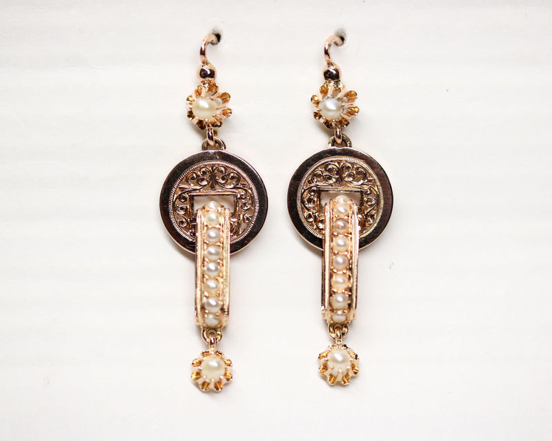 Paire de Boucles d'Oreille Pendantes Napoléon III Or Rose et Perles Fines