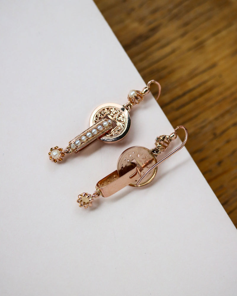 Paire de Boucles d'Oreille Pendantes Napoléon III Or Rose et Perles Fines