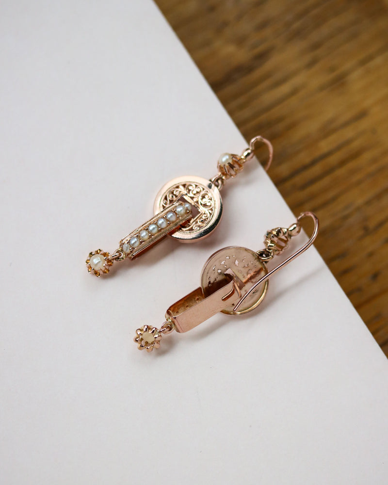 Paire de Boucles d'Oreille Pendantes Napoléon III Or Rose et Perles Fines