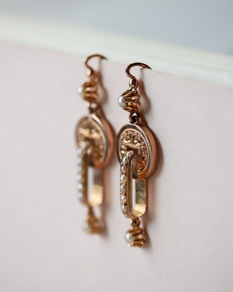 Paire de Boucles d'Oreille Pendantes Napoléon III Or Rose et Perles Fines