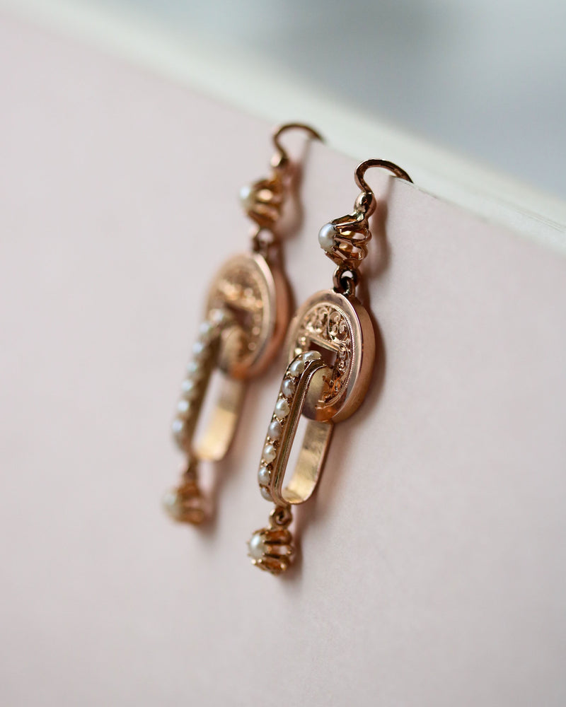 Paire de Boucles d'Oreille Pendantes Napoléon III Or Rose et Perles Fines