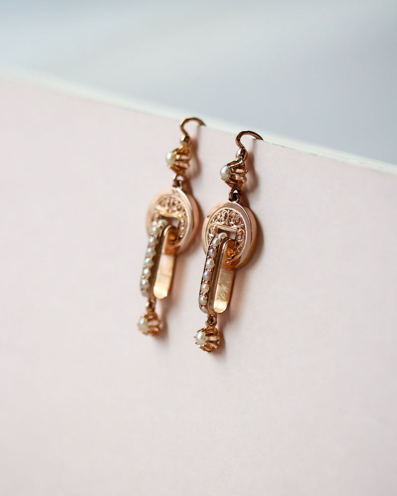 Paire de Boucles d'Oreille Pendantes Napoléon III Or Rose et Perles Fines