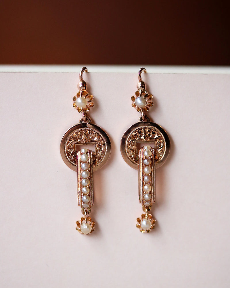 Paire de Boucles d'Oreille Pendantes Napoléon III Or Rose et Perles Fines