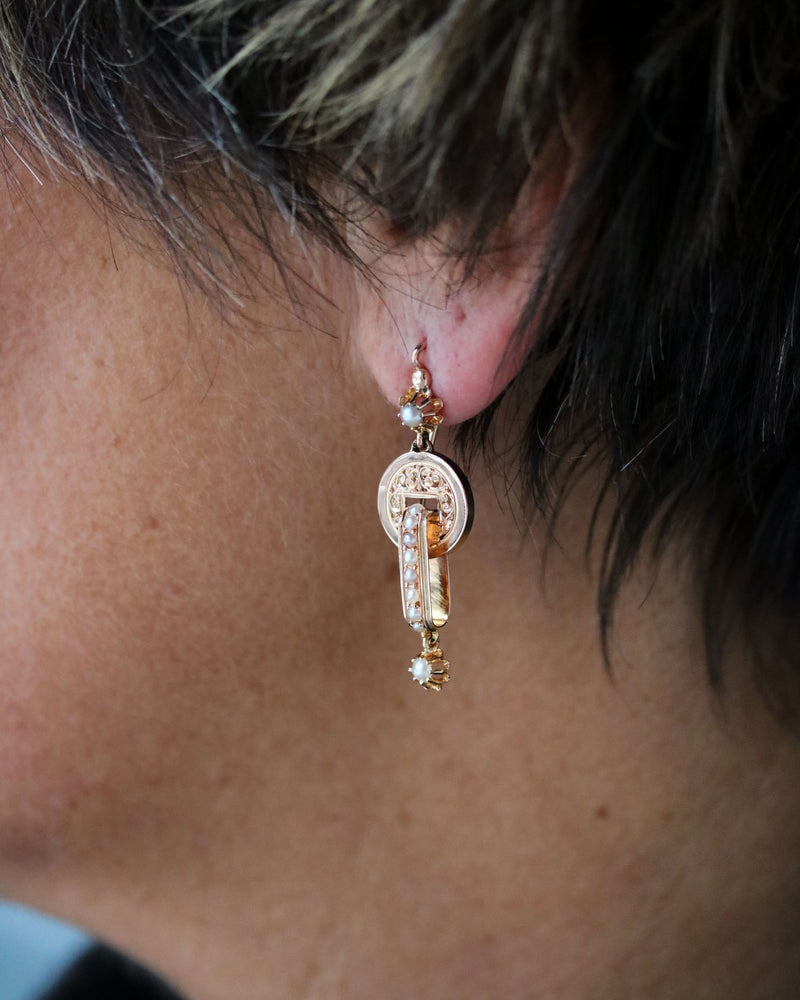 Paire de Boucles d'Oreille Pendantes Napoléon III Or Rose et Perles Fines