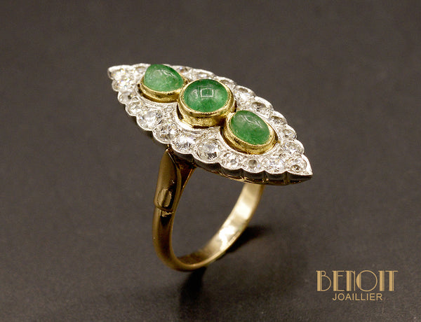 Bague Marquise Emeraudes et Diamants