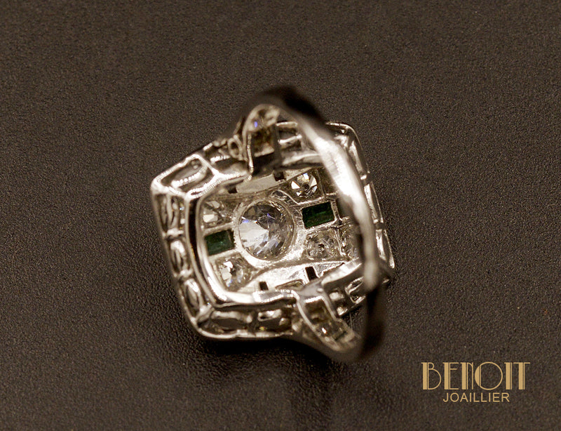 Bague Art Déco Diamants et Emeraudes