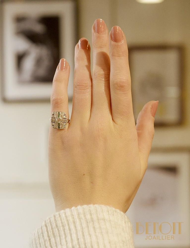 Bague Art Déco Diamants et Emeraudes