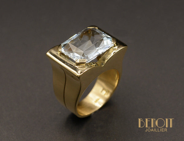 Bague Tank Or Jaune et Aigue Marine