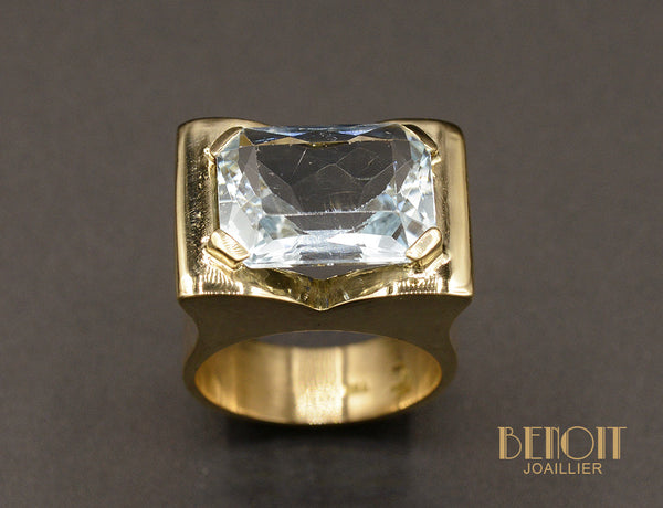 Bague Tank Or Jaune et Aigue Marine