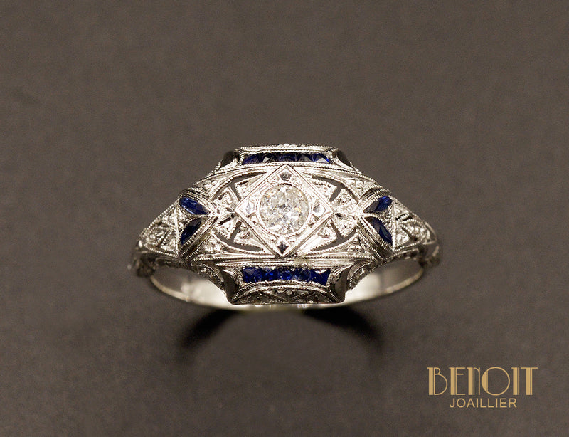Bague Art Déco Platine Diamants et Saphirs