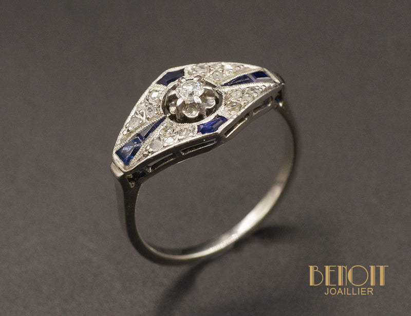 Bague Art Déco Diamants et Saphirs