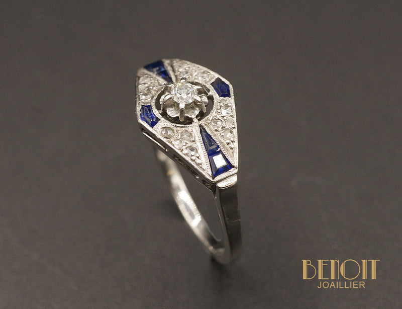 Bague Art Déco Diamants et Saphirs