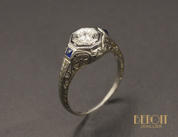 Bague Art Déco Diamant et Saphirs