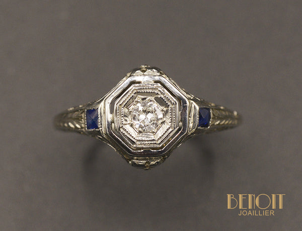 Bague Art Déco Diamant et Saphirs