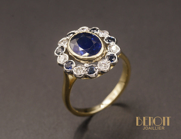 Bague pompadour saphir entourage alterné