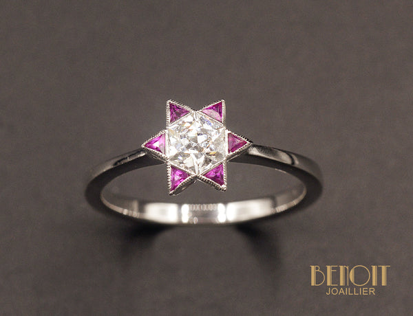 Bague solitaire Art Déco diamant et rubis