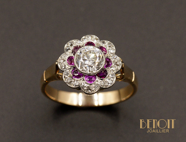 Bague Marguerite Art Déco Diamant et Rubis calibrés