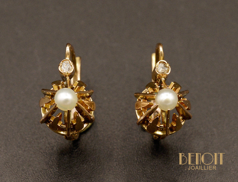 Paire de Dormeuses 1900 en Or Rose et Perles Fines