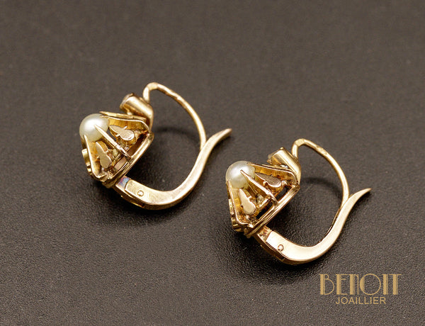 Paire de Dormeuses 1900 en Or Rose et Perles Fines