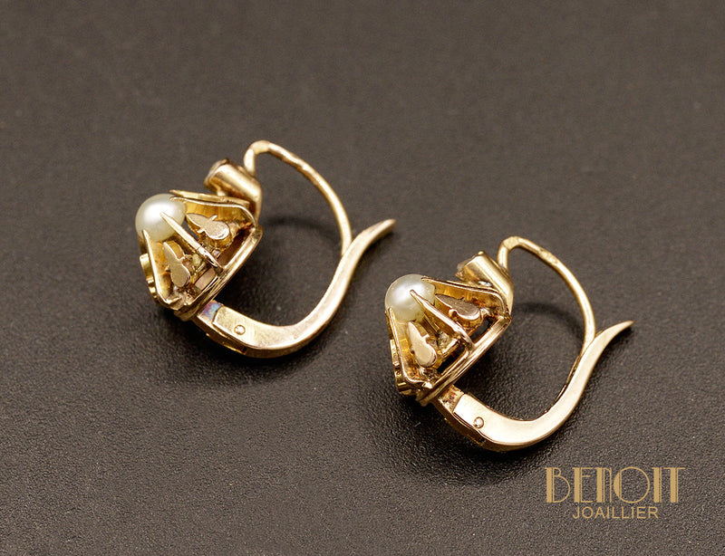 Paire de Dormeuses 1900 en Or Rose et Perles Fines