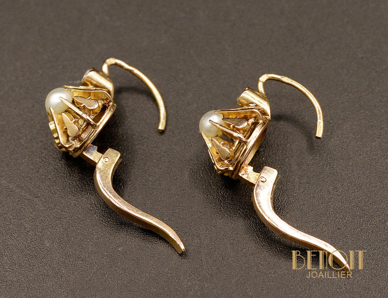 Paire de Dormeuses 1900 en Or Rose et Perles Fines