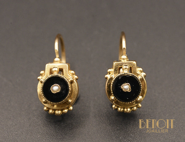 Boucles d'Oreilles Napoléon III Or Jaune et Onyx