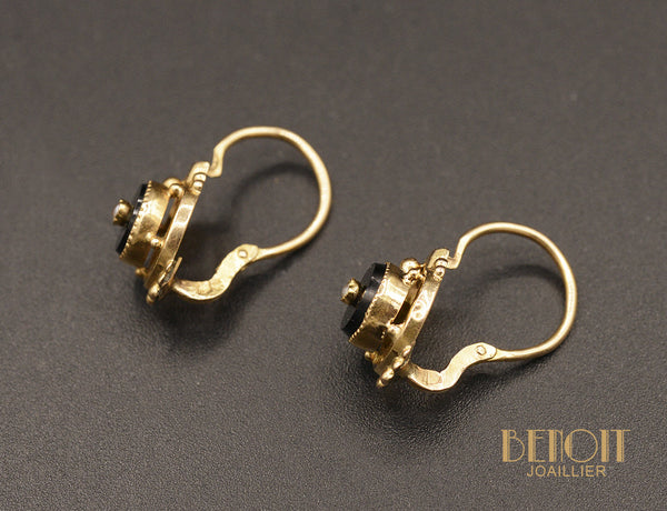 Boucles d'Oreilles Napoléon III Or Jaune et Onyx