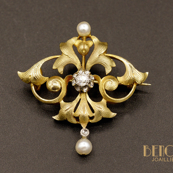 Broche Vintage Art Déco - Dentelle Dorée, éventail, Sertie De CZ Vert Et Perles - Style SB32 - Neuf Sans Emballage