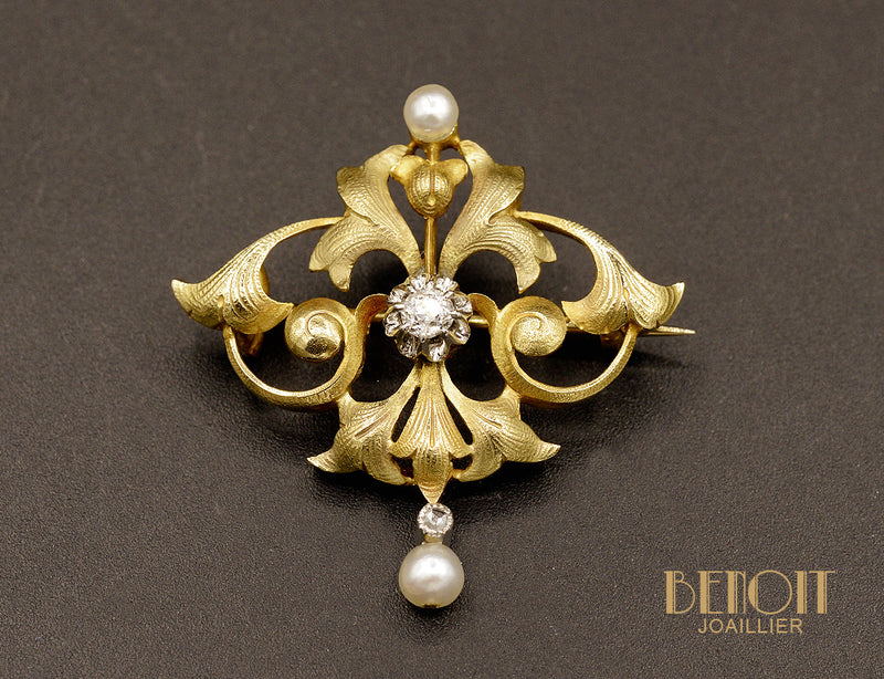 Broche Art Nouveau Perles fines et Diamants