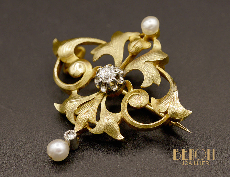 Broche Art Nouveau Perles fines et Diamants