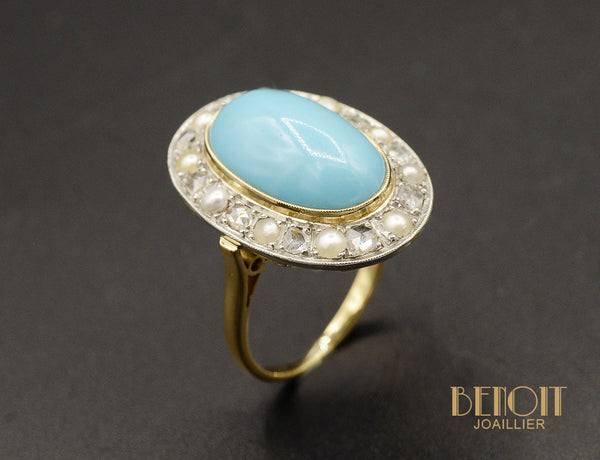 Bague Turquoise entourage Diamants Perles