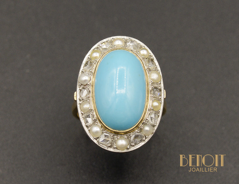Bague Turquoise entourage Diamants Perles