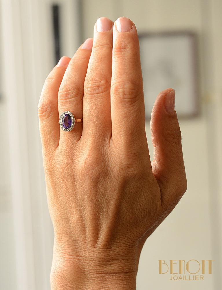 Bague Art Déco Améthyste entourage Diamants