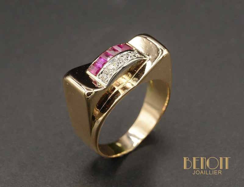 Bague Tank Or Rose Diamants Rubis Verneuil