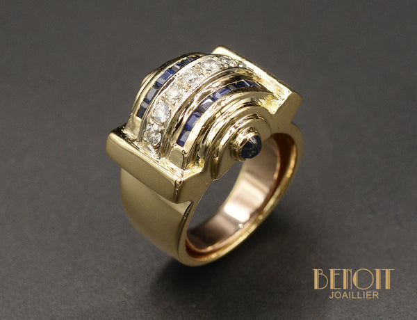 Bague Tank Diamants Saphirs Or Jaune