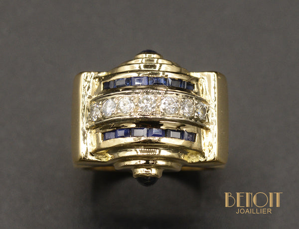 Bague Tank Diamants Saphirs Or Jaune