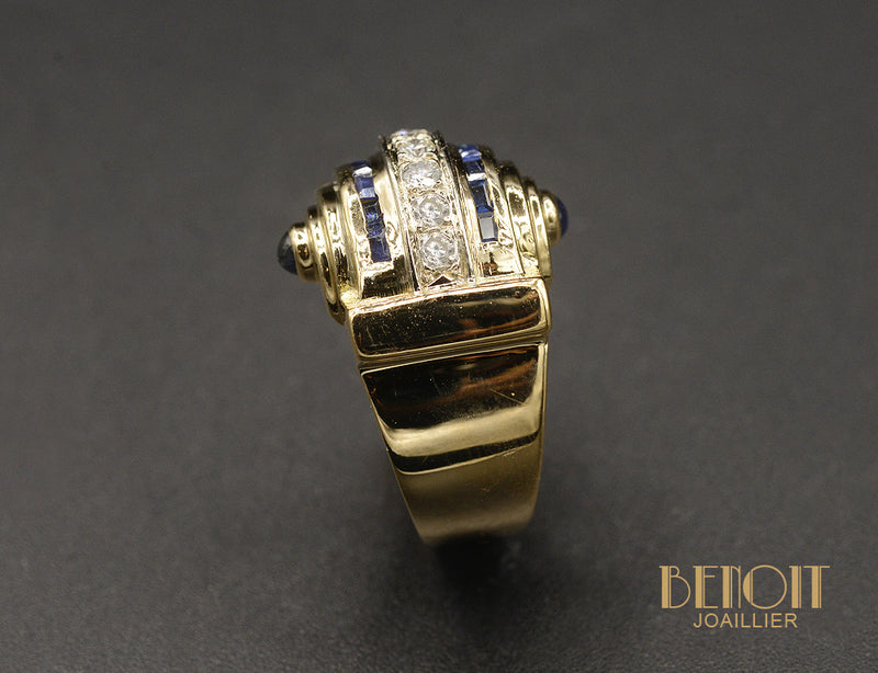 Bague Tank Diamants Saphirs Or Jaune