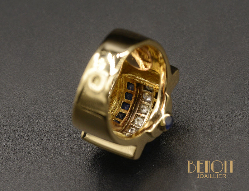 Bague Tank Diamants Saphirs Or Jaune