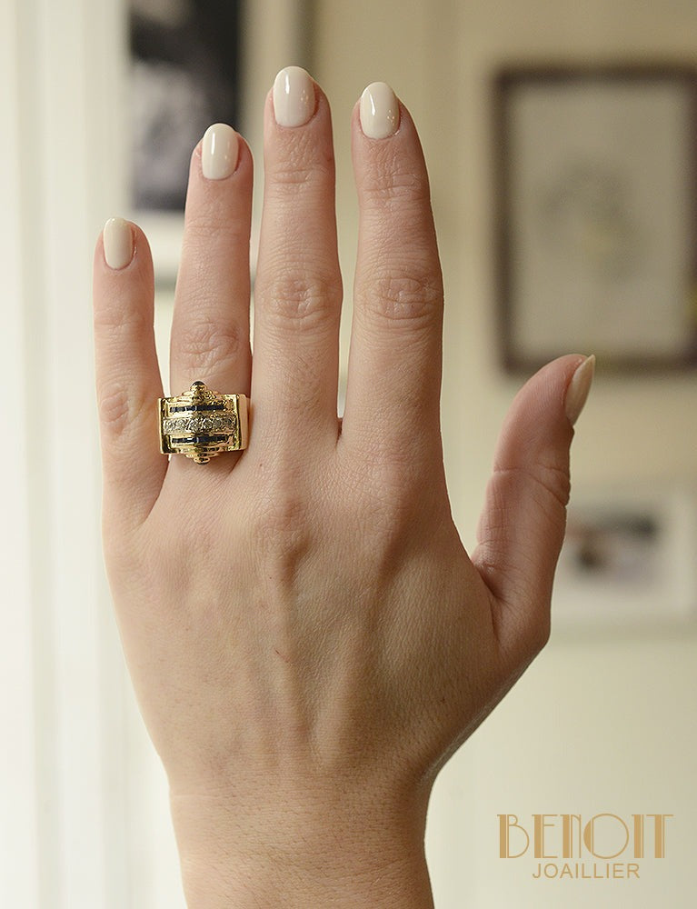 Bague Tank Diamants Saphirs Or Jaune