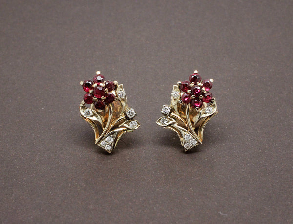 Boucles d'Oreilles Fleur Rubis et Diamants