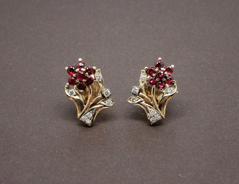 Boucles d'Oreilles Fleur Rubis et Diamants