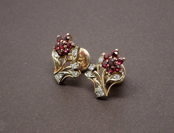Boucles d'Oreilles Fleur Rubis et Diamants