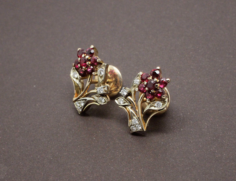 Boucles d'Oreilles Fleur Rubis et Diamants