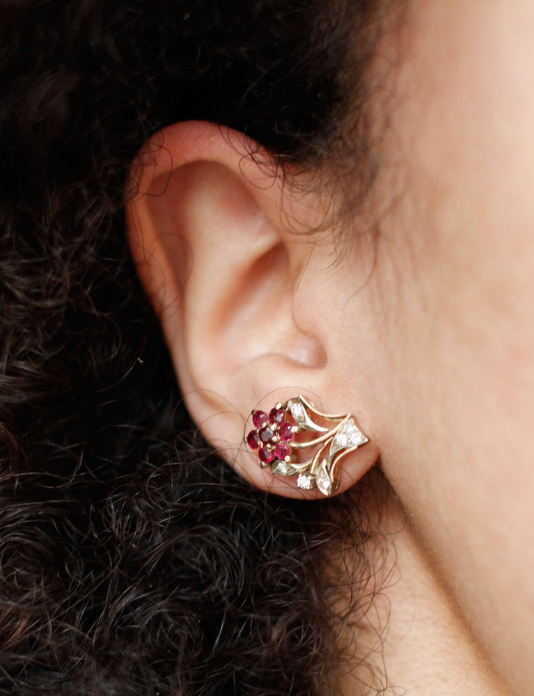 Boucles d'Oreilles Fleur Rubis et Diamants