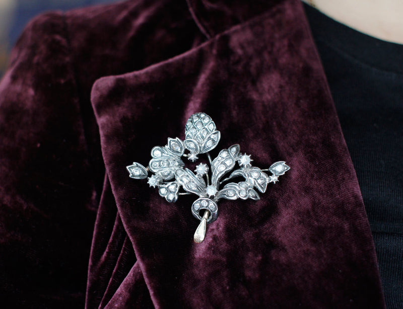 Broche 1900 Argent Or Rose et Diamants