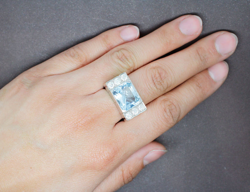 Bague style tank Aigue Marine Diamants