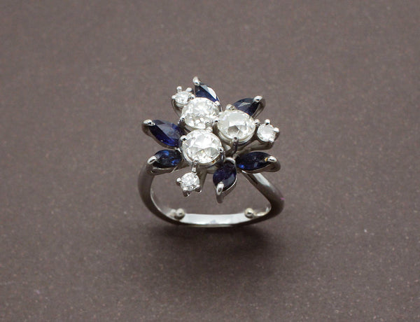 Bague Vintage Diamants et Saphirs Navette
