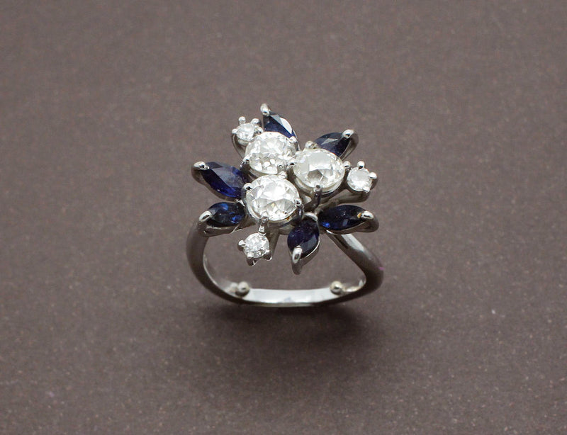 Bague Vintage Diamants et Saphirs Navette