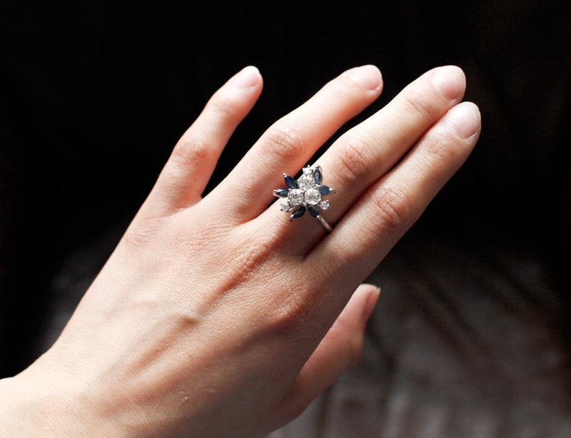 Bague Vintage Diamants et Saphirs Navette